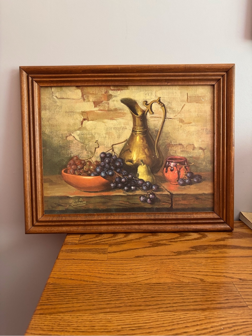 Gold Pitcher & Grape Still Life Wall Art - Brown Frame